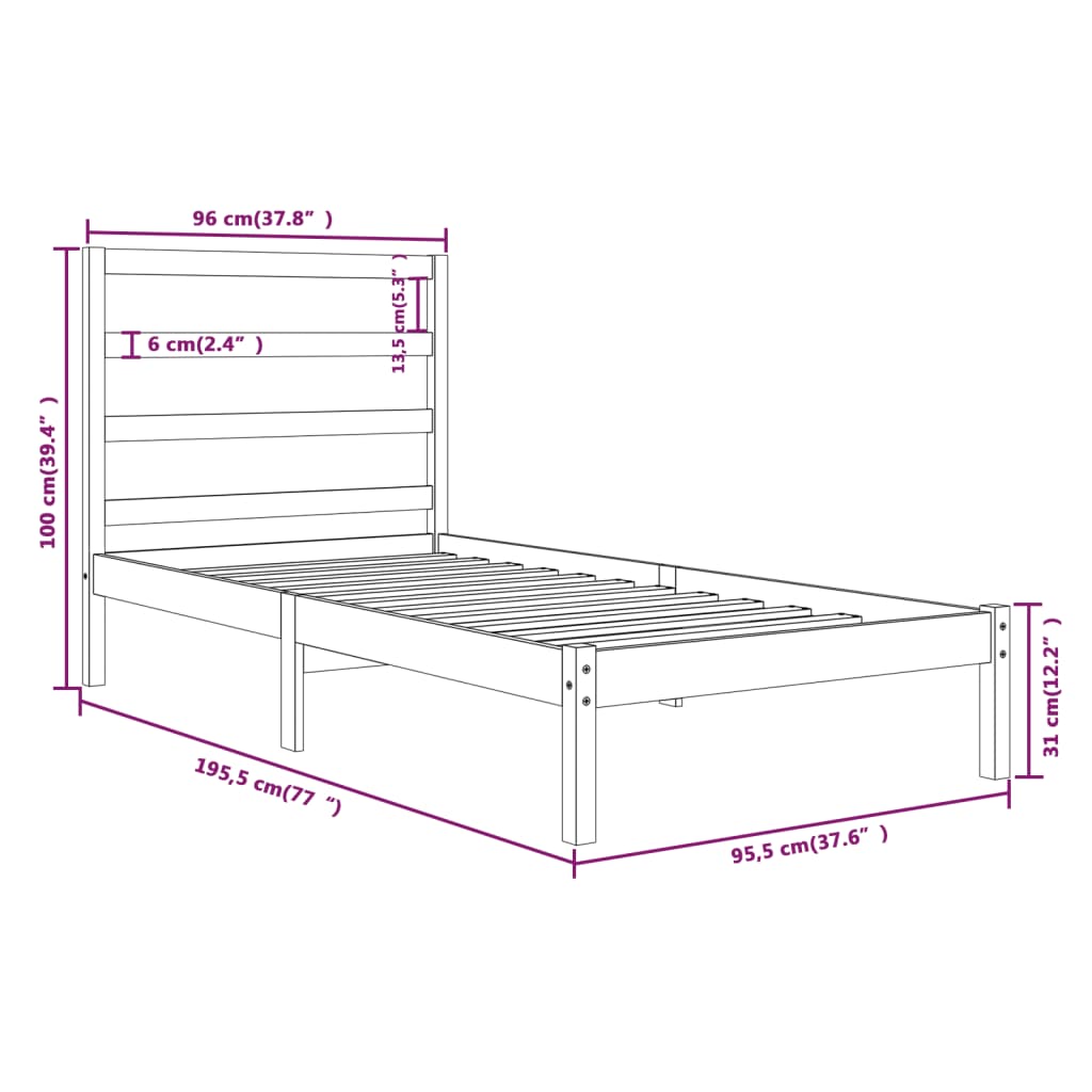 vidaXL Posteljni okvir črn iz trdnega lesa 90x190 cm