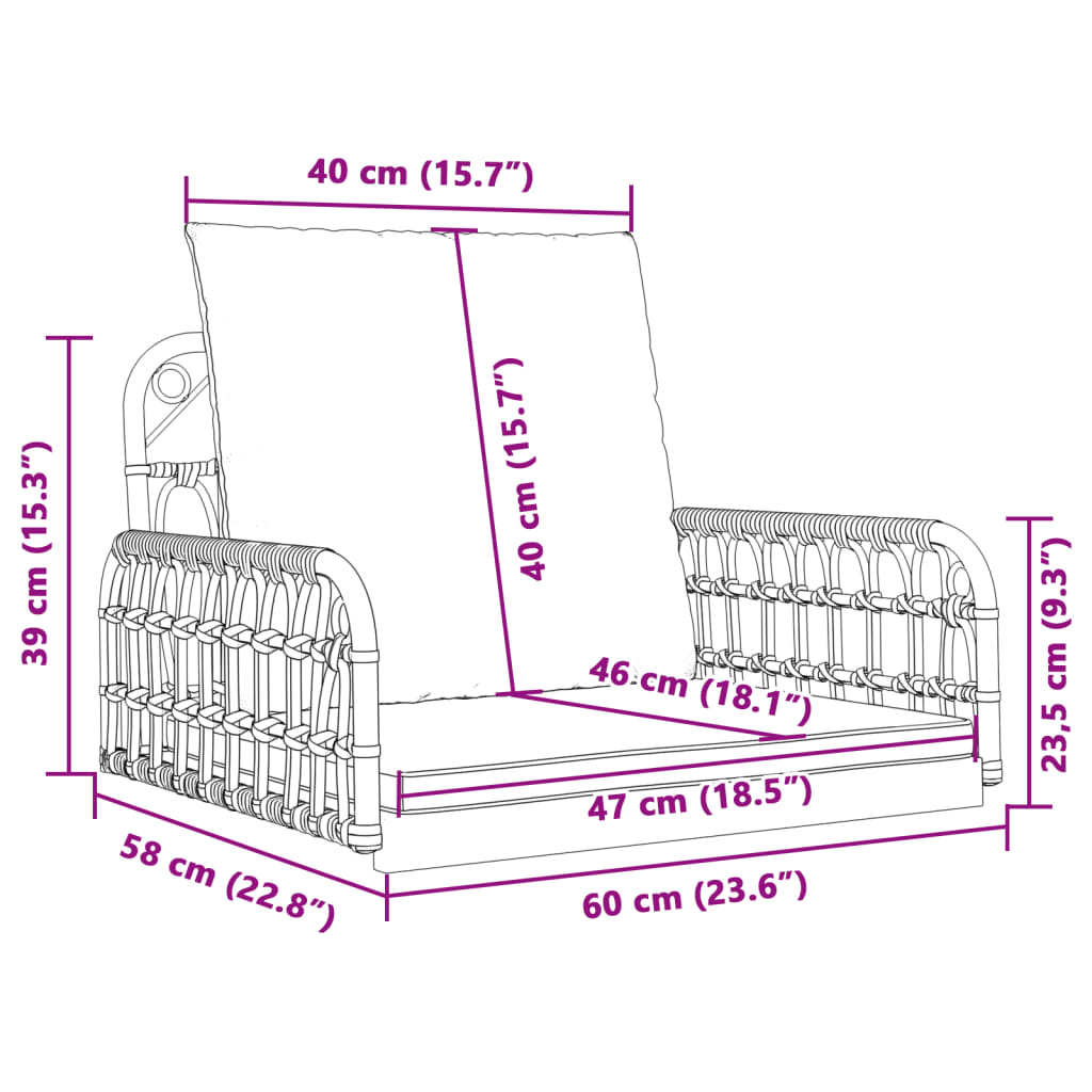 vidaXL Gugalni stol z blazinami 63x58x39 cm poli ratan in jeklo