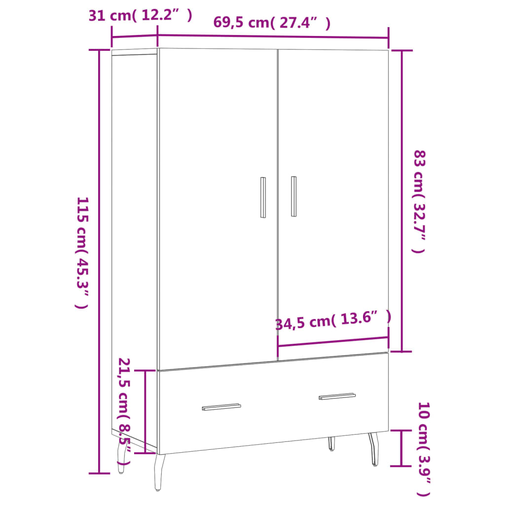 vidaXL Visoka omara bela 69,5x31x115 cm inženirski les