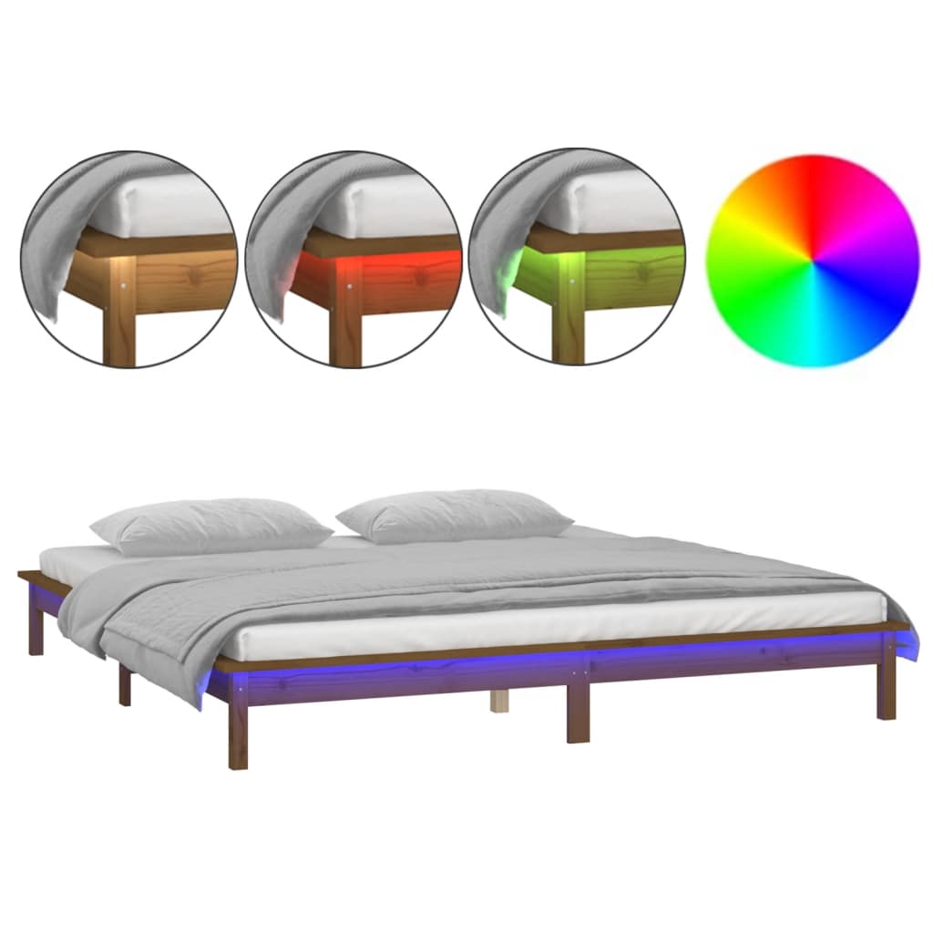 vidaXL LED posteljni okvir medeno rjav 140x200 cm trden les