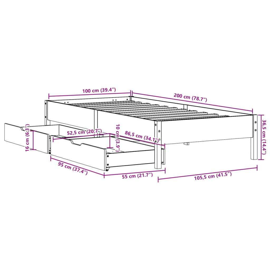 vidaXL Posteljni okvir brez vzmetnice bel 100x200 cm trdna borovina