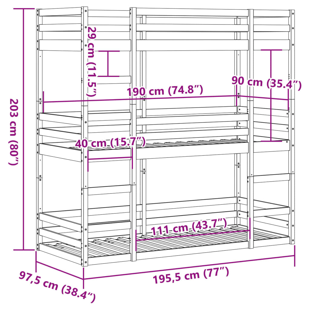 vidaXL Trojni pograd 90x190 cm trdna borovina