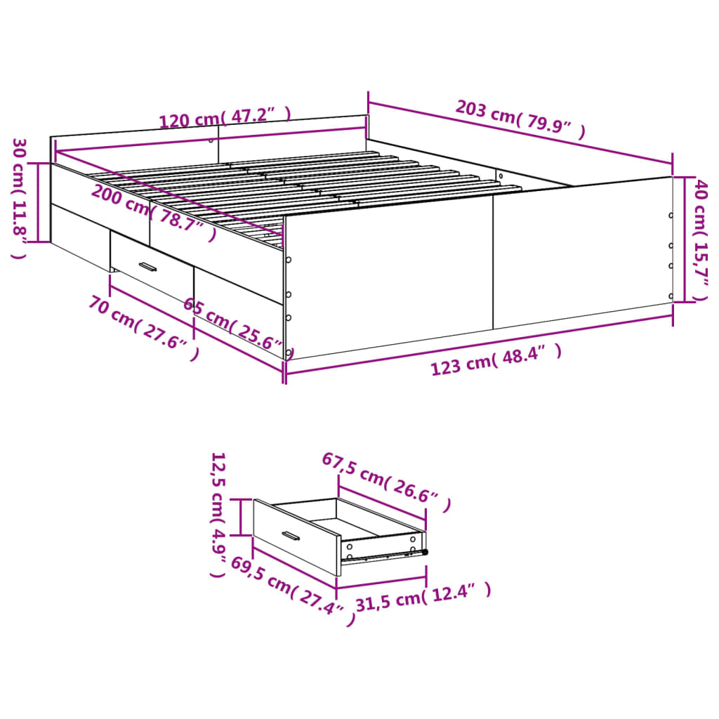 vidaXL Posteljni okvir s predali siva sonoma 120x200 cm inženirski les