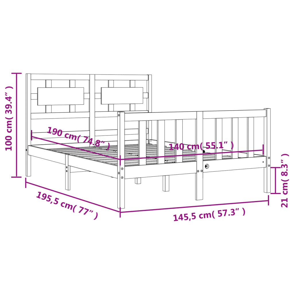 vidaXL Posteljni okvir z vzglavjem črn 140x190 cm trden les