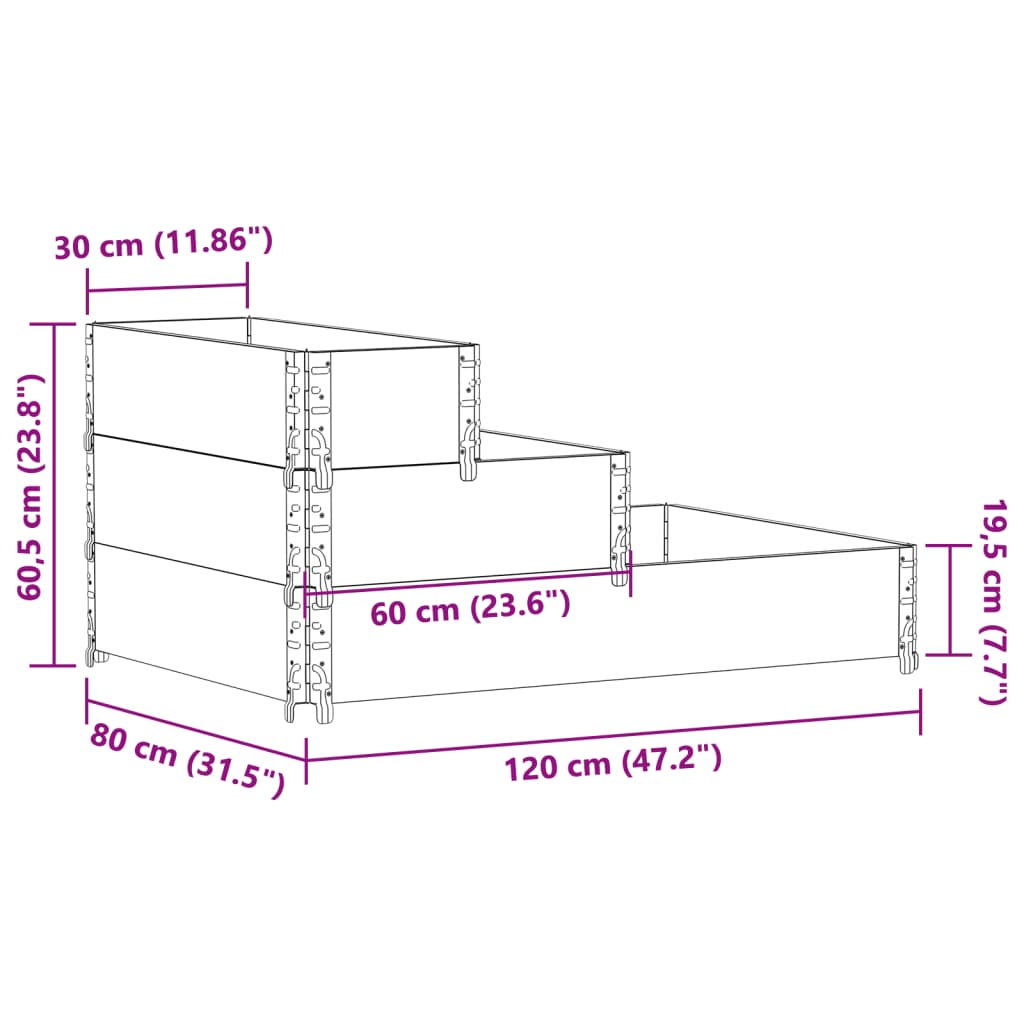 vidaXL Visoka greda 3-nadstropna 120x80 cm trdna borovina