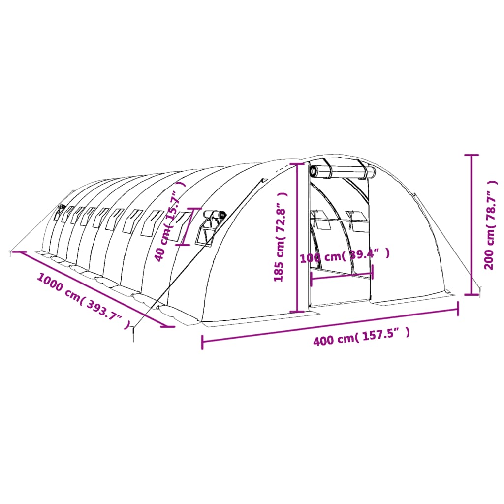 vidaXL Rastlinjak z jeklenim okvirjem bel 40 m² 10x4x2 m