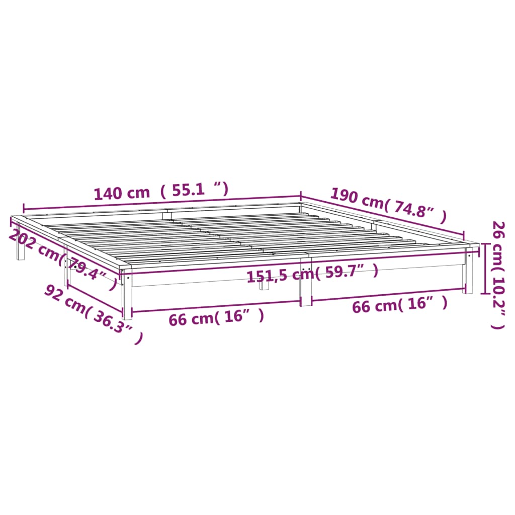 vidaXL LED posteljni okvir bel 140x190 cm trden les