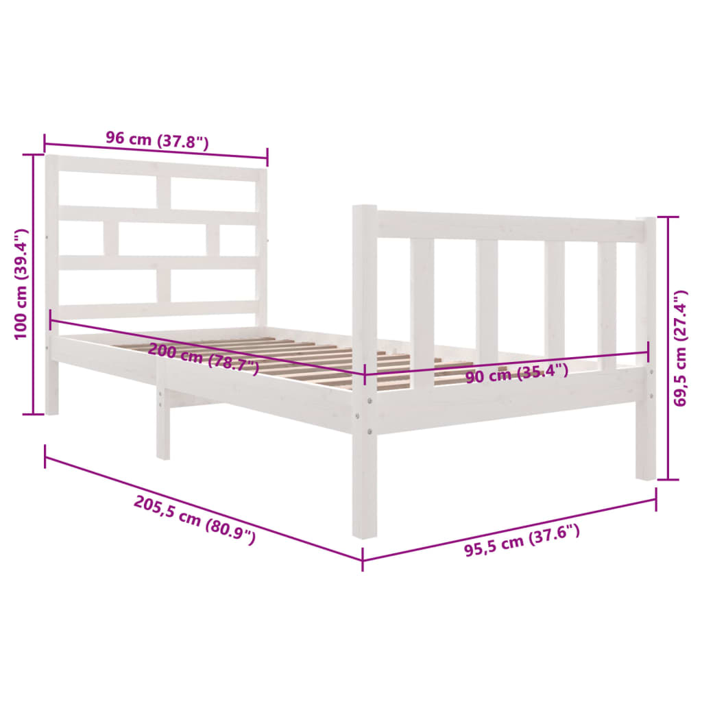 vidaXL Posteljni okvir bel iz borovine 90x200 cm