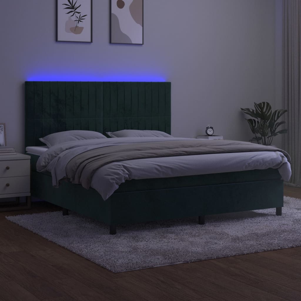 vidaXL Box spring postelja z vzmetnico LED tem. zelena 160x200cm žamet