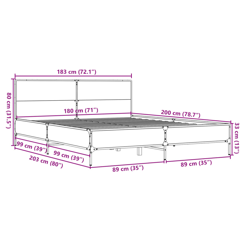 vidaXL Posteljni okvir dimljeni hrast 180x200 cm inž. les in kovina