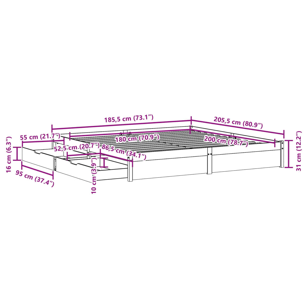 vidaXL Posteljni okvir brez vzmetnice bel 180x200 cm trdna borovina