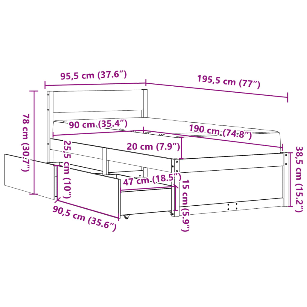 vidaXL Postelja s predali in vzmetnico 90x190 cm trdna borovina