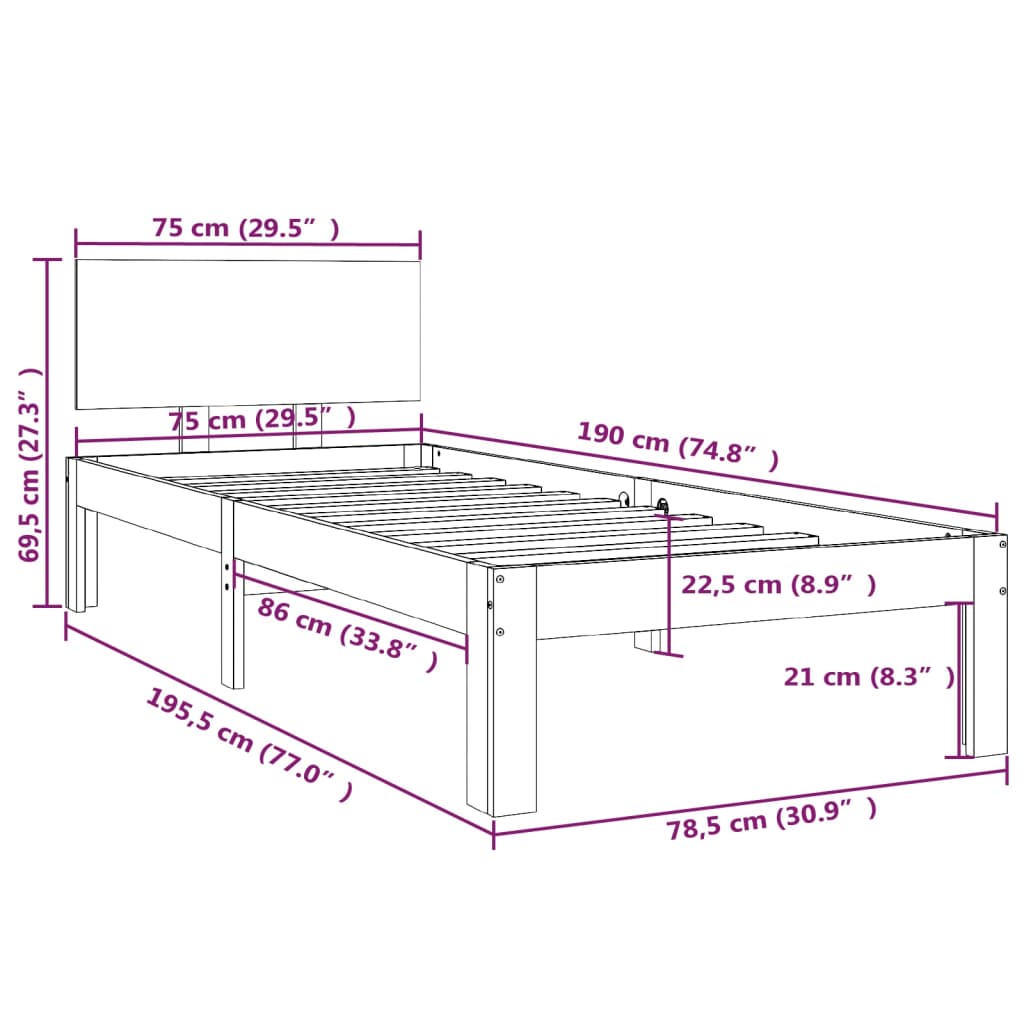 vidaXL Posteljni okvir črn iz trdnega lesa 75x190 cm