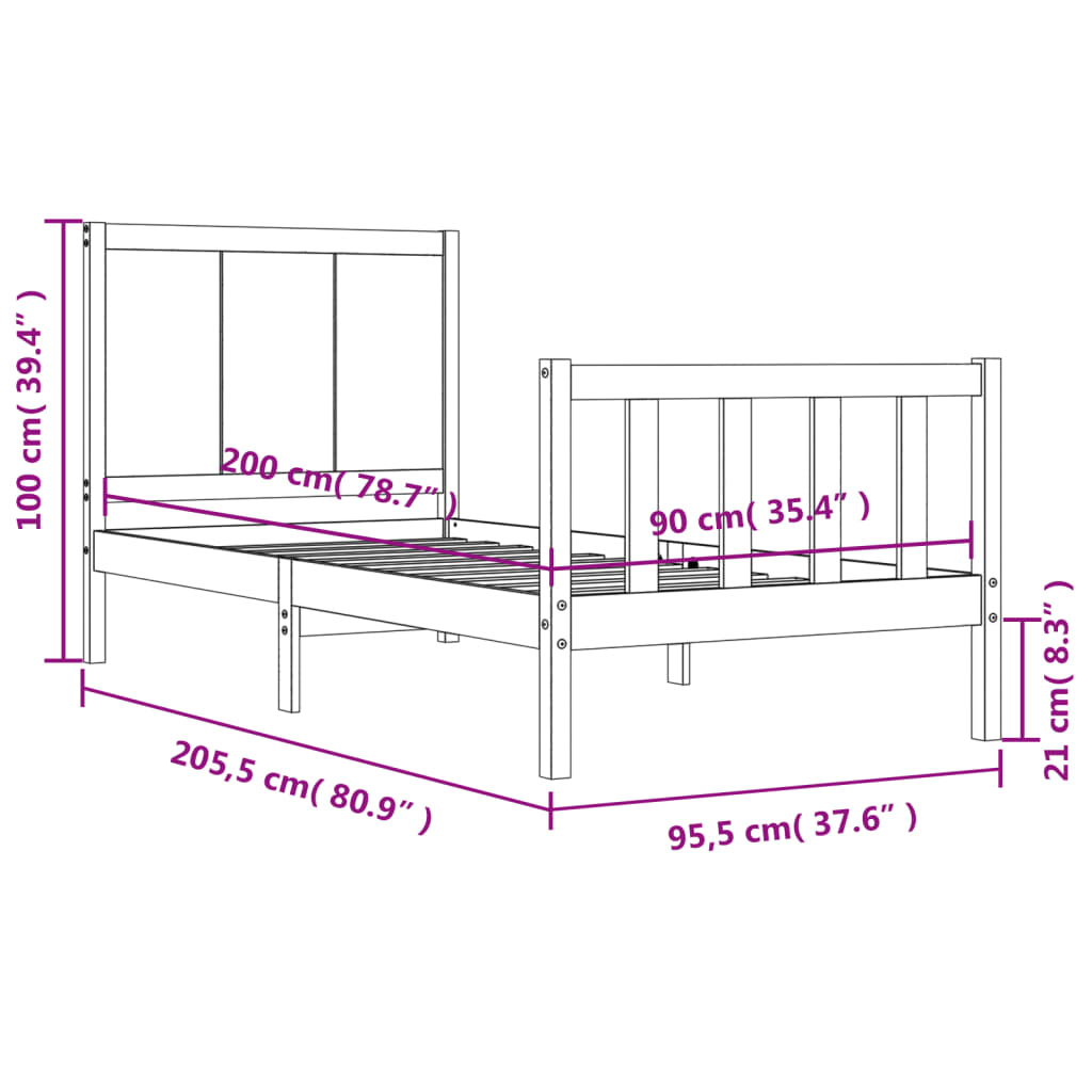 vidaXL Posteljni okvir brez vzmetnice 90x200 cm trdna borovina