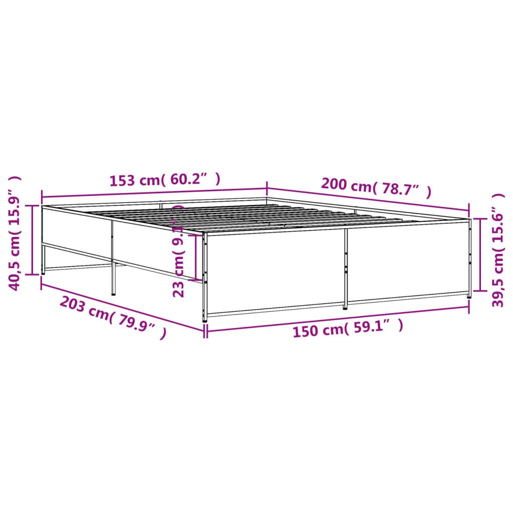 vidaXL Posteljni okvir siva sonoma 150x200 cm inž. les in kovina