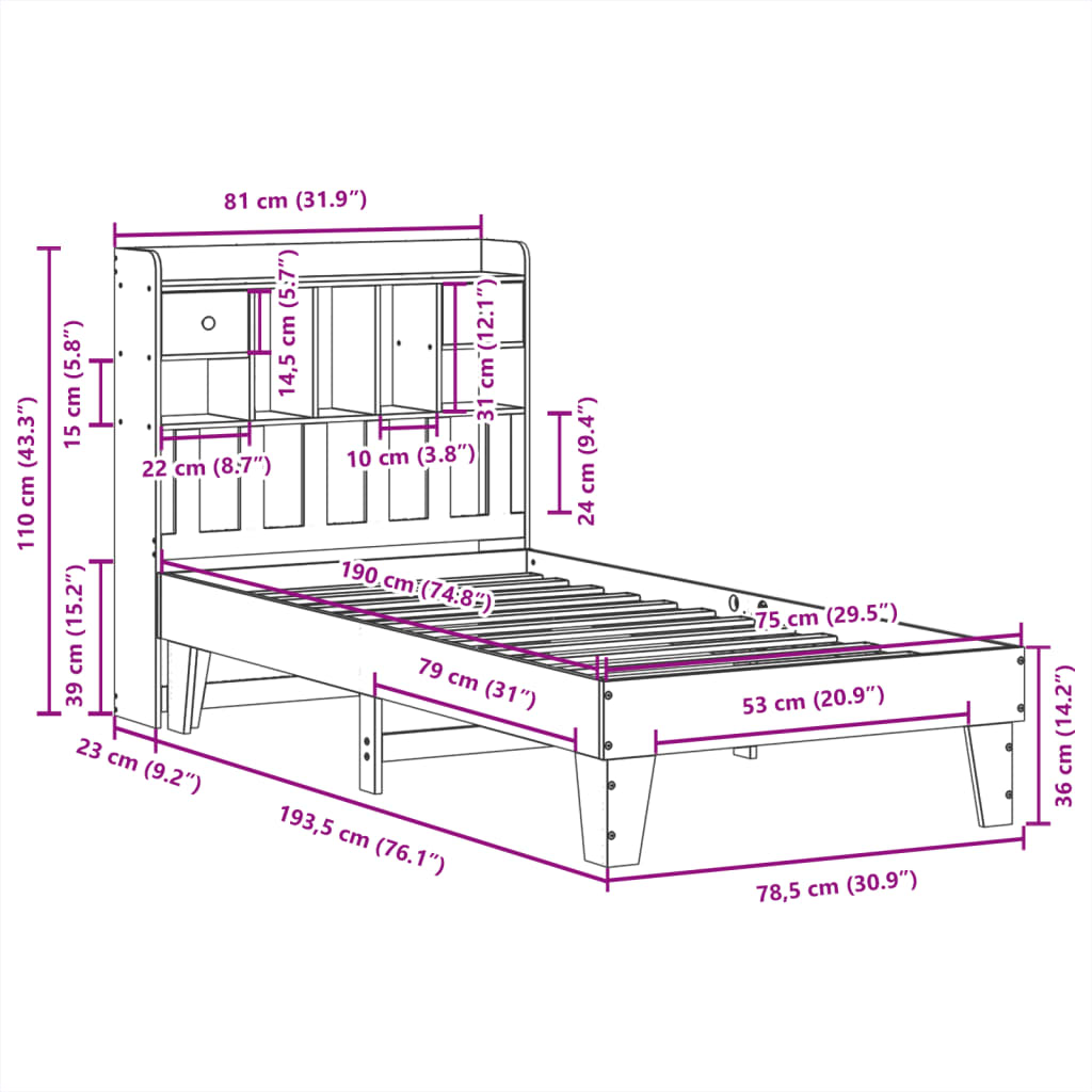 vidaXL Posteljni okvir brez vzmetnice voščeno rjav 75x190 cm borovina