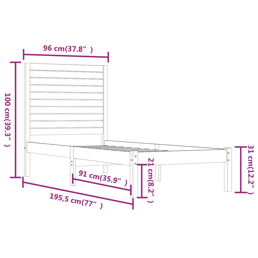 vidaXL Posteljni okvir črn iz trdnega lesa 90x190 cm