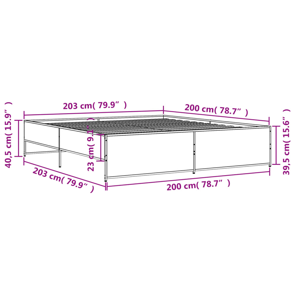 vidaXL Posteljni okvir siva sonoma 200x200 cm inž. les in kovina