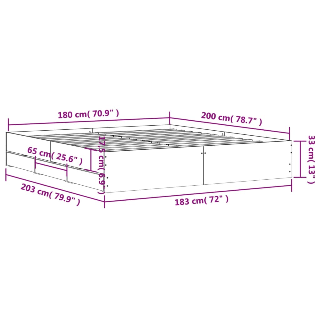 vidaXL Posteljni okvir s predali sonoma hrast 180x200cm inženirski les