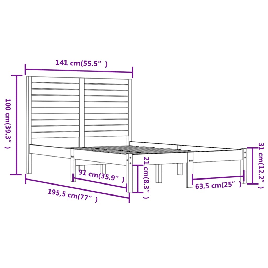 vidaXL Posteljni okvir črn iz trdnega lesa 135x190 cm