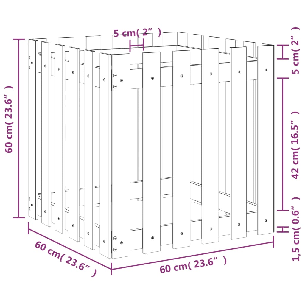 vidaXL Vrtno korito z ograjico 60x60x60 cm trdna borovina