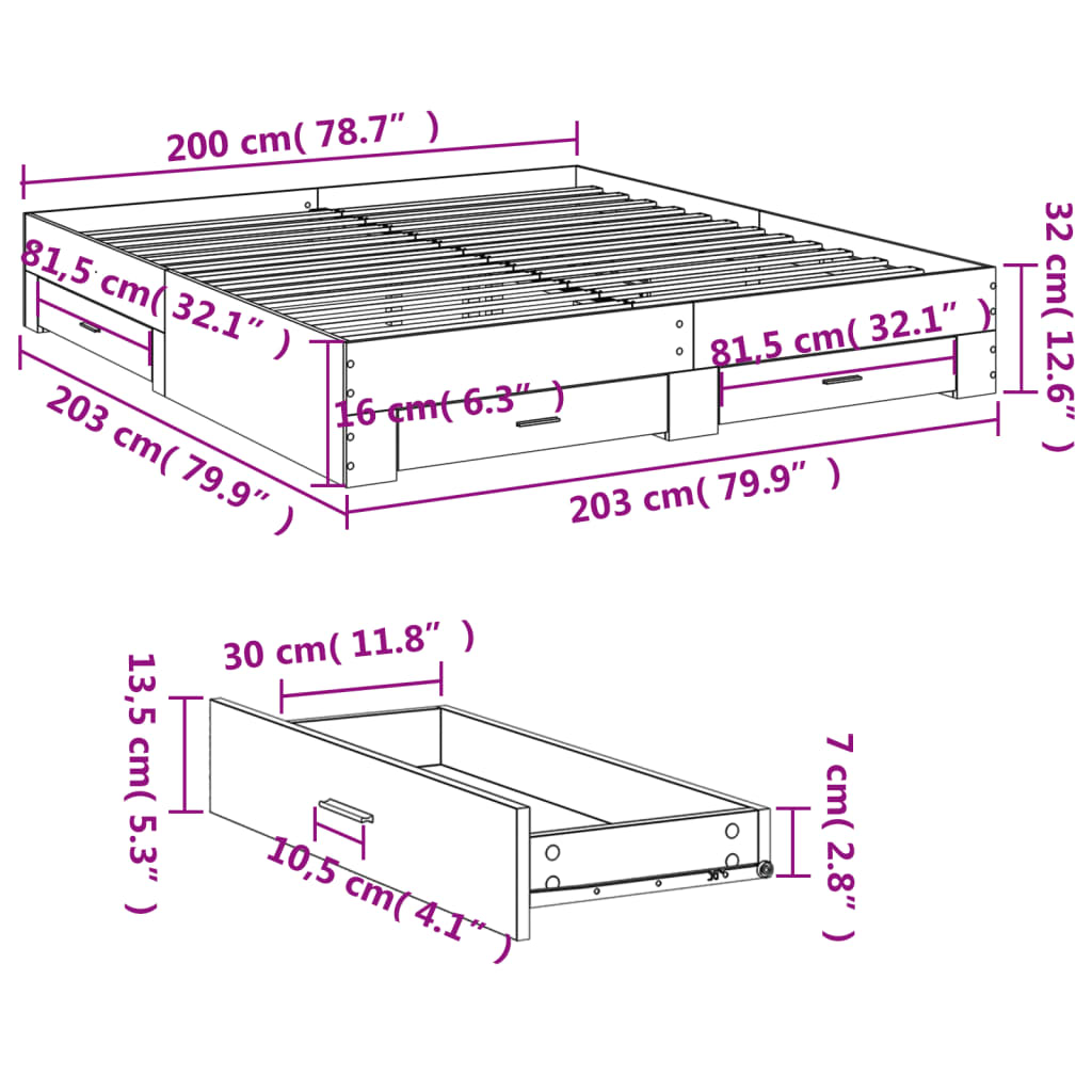 vidaXL Posteljni okvir s predali dimljen hrast 200x200 cm inž. les