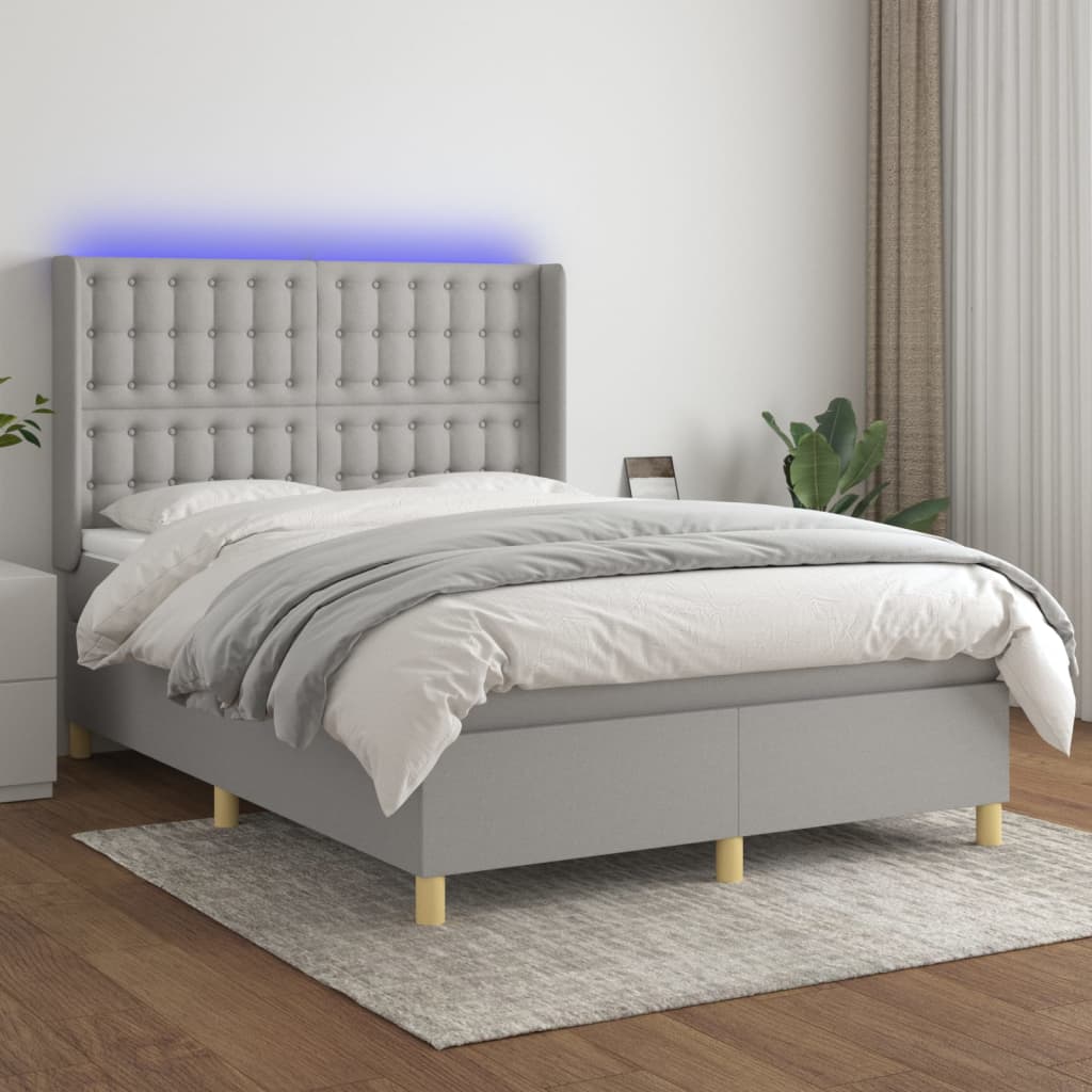 vidaXL Box spring postelja z vzmetnico LED sv. siva 140x200 cm blago