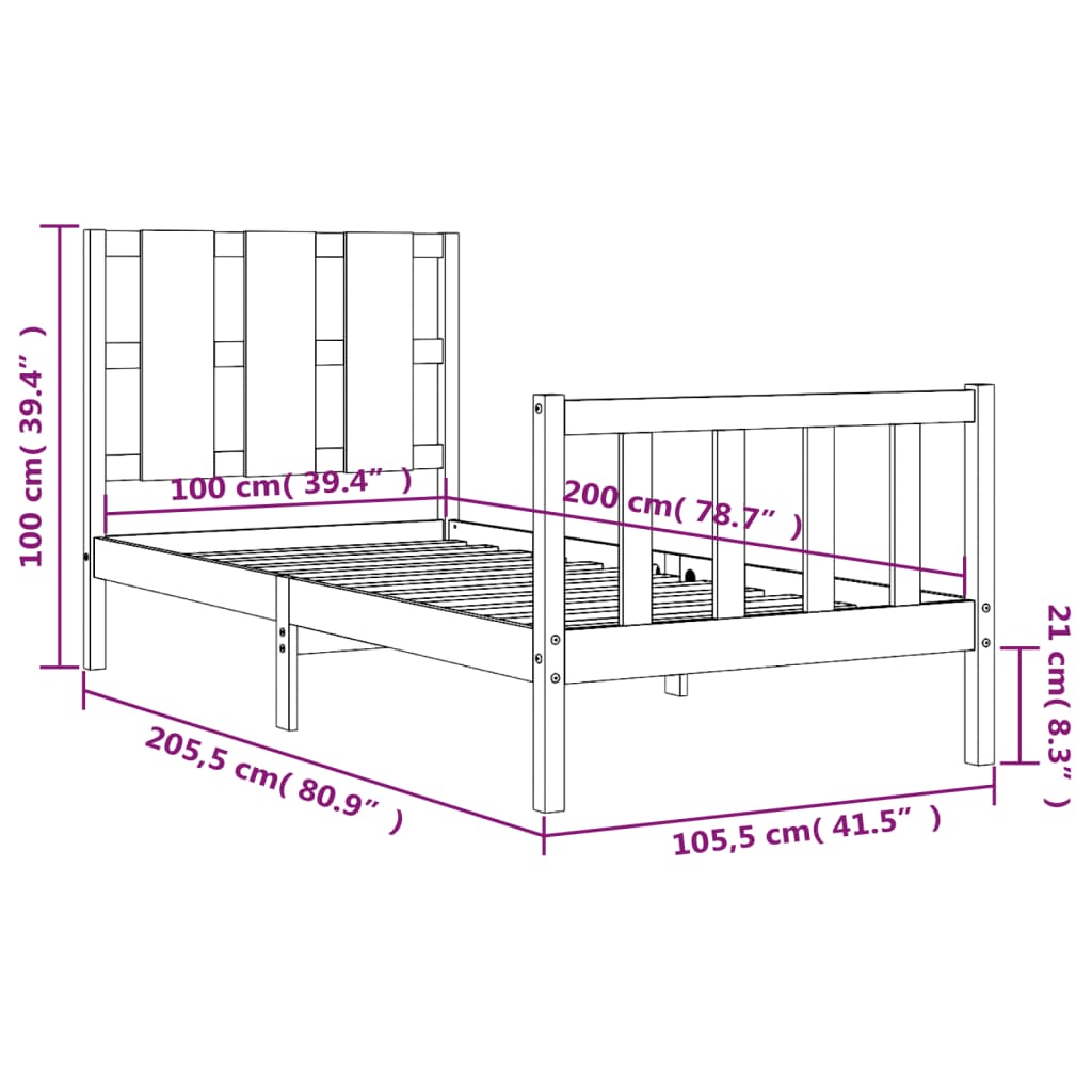 vidaXL Posteljni okvir z vzglavjem črn 100x200 cm trden les