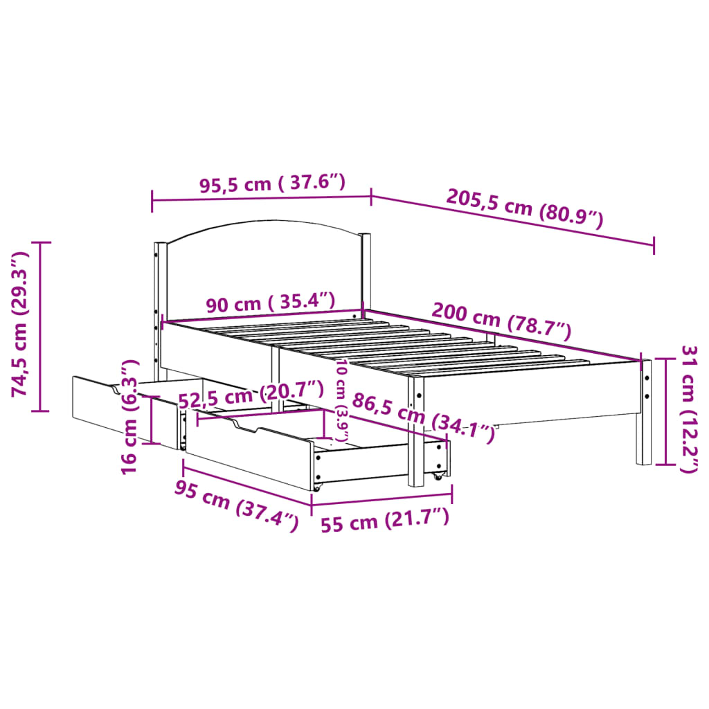 vidaXL Posteljni okvir brez vzmetnice bel 90x200 cm trdna borovina