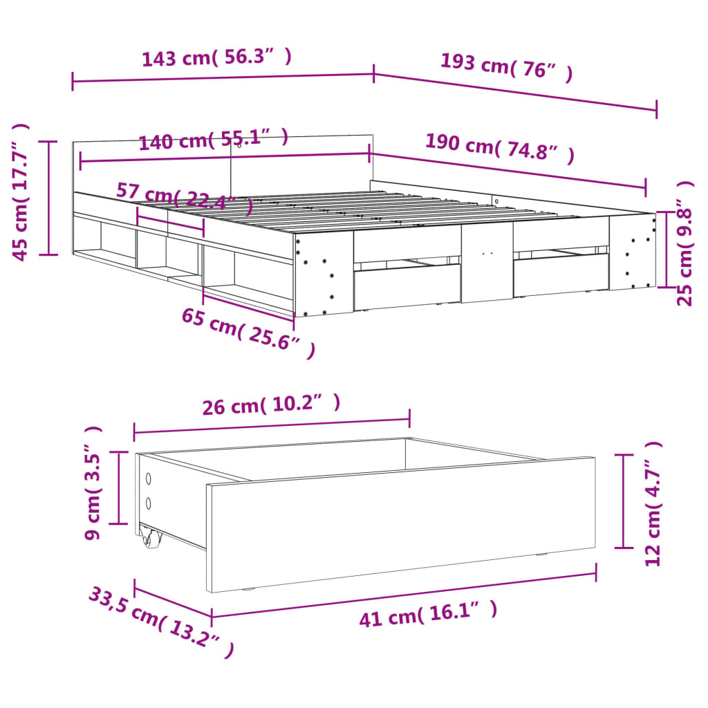 vidaXL Posteljni okvir s predali betonsko siv 140x190cm inženirski les