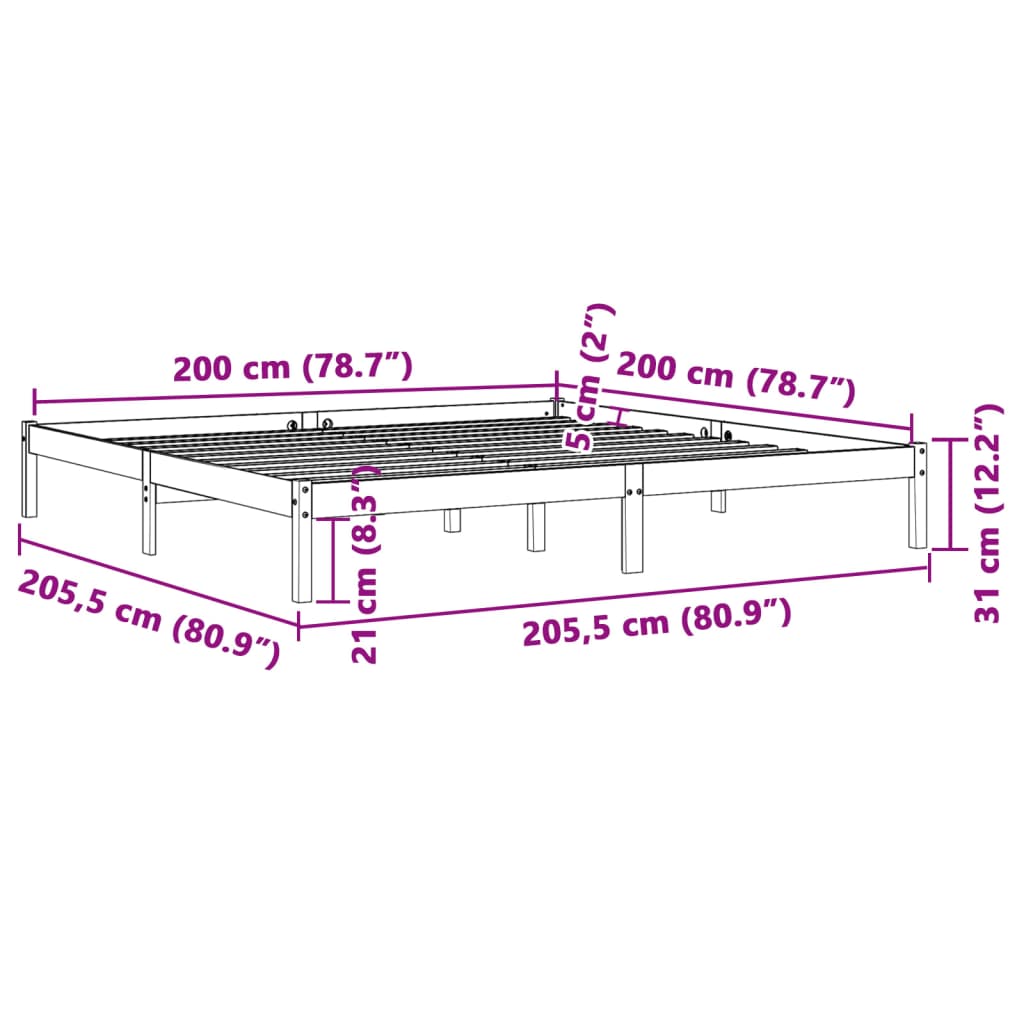 vidaXL Posteljni okvir brez vzmetnice vošč. rjav 200x200 cm borovina