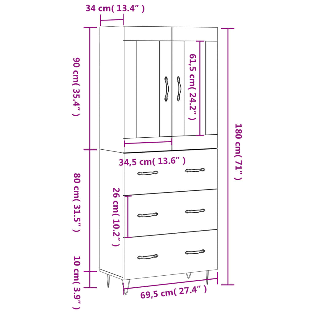 vidaXL Visoka komoda dimljen hrast 69,5x34x180 cm inženirski les