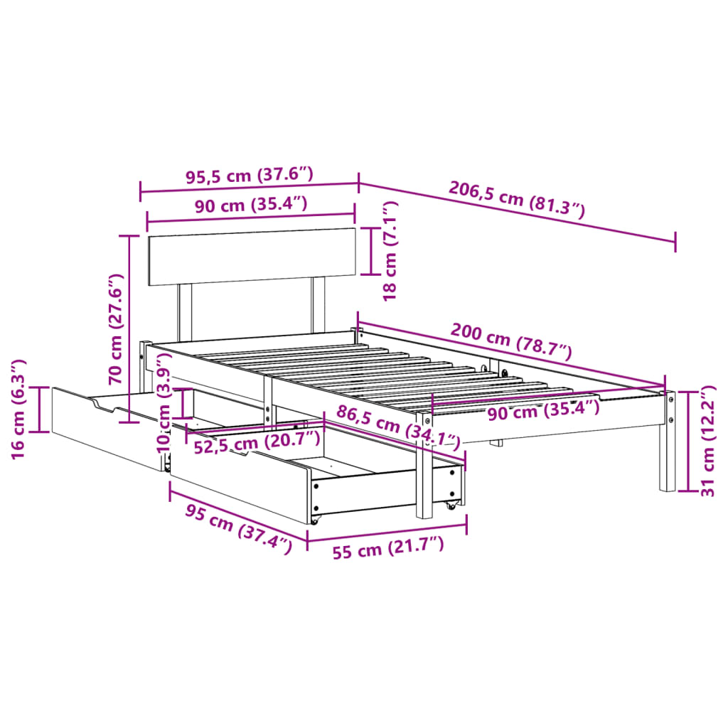 vidaXL Posteljni okvir brez vzmetnice bel 90x200 cm trdna borovina