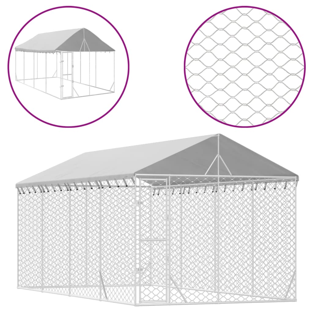 vidaXL Zunanja pasja ograda s streho srebrna 3x6x2,5 m pocinkano jeklo