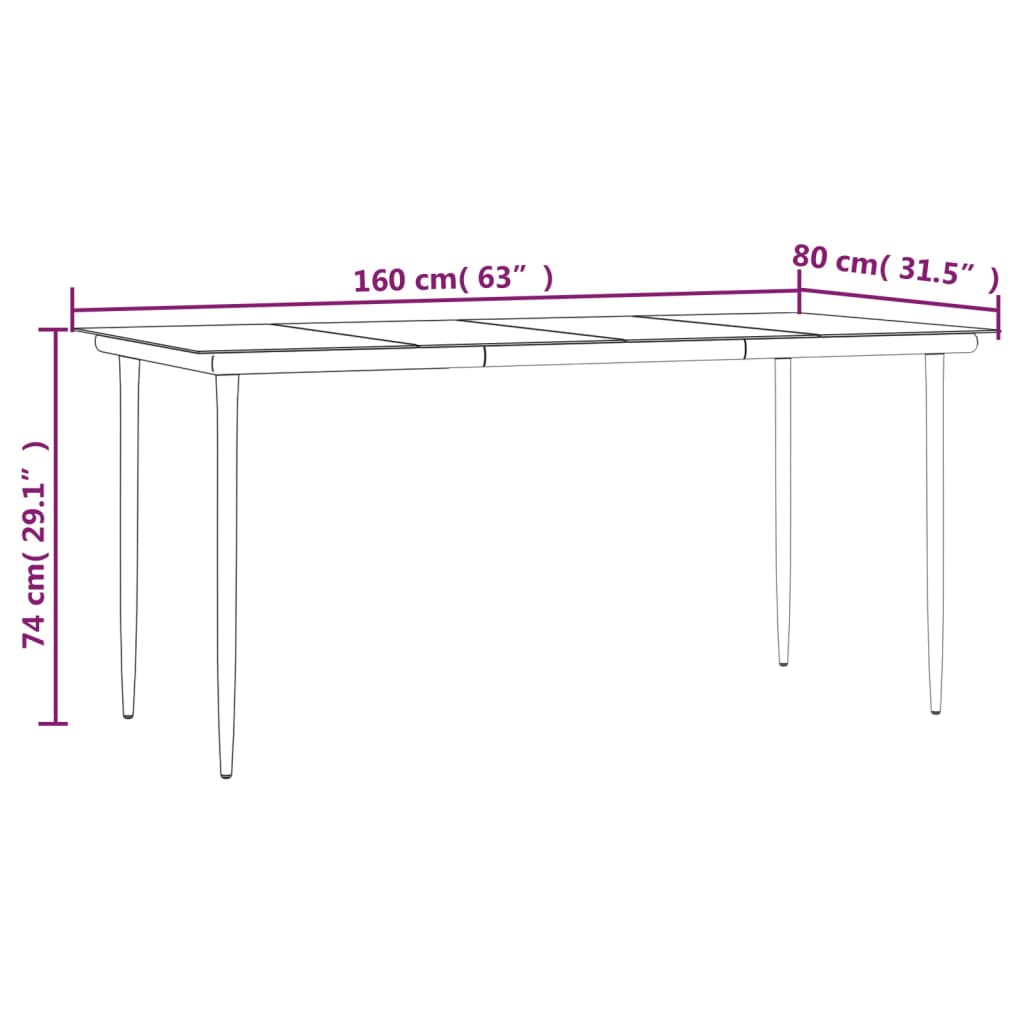 vidaXL Vrtna jedilna miza črna 160x80x74 cm jeklo in kaljeno steklo