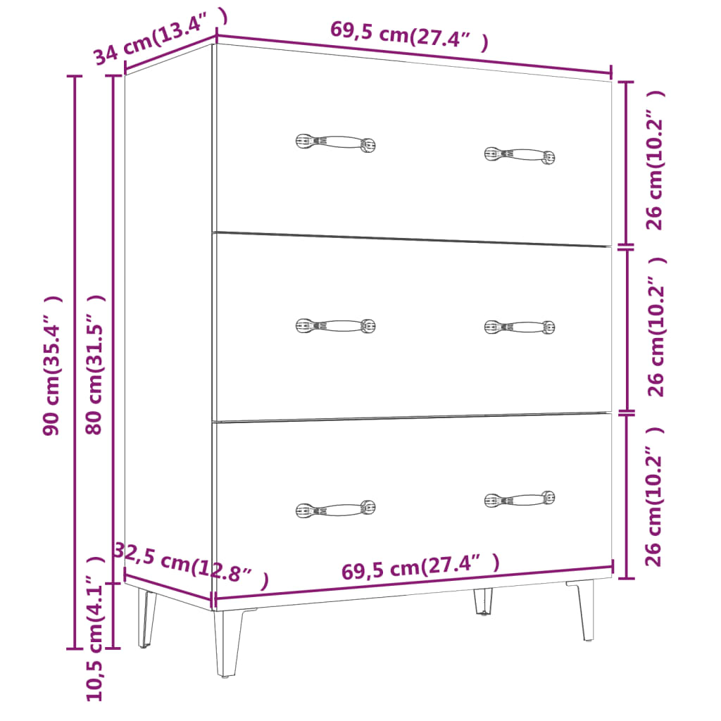 vidaXL Komoda siva sonoma 69,5x34x90 cm inženirski les