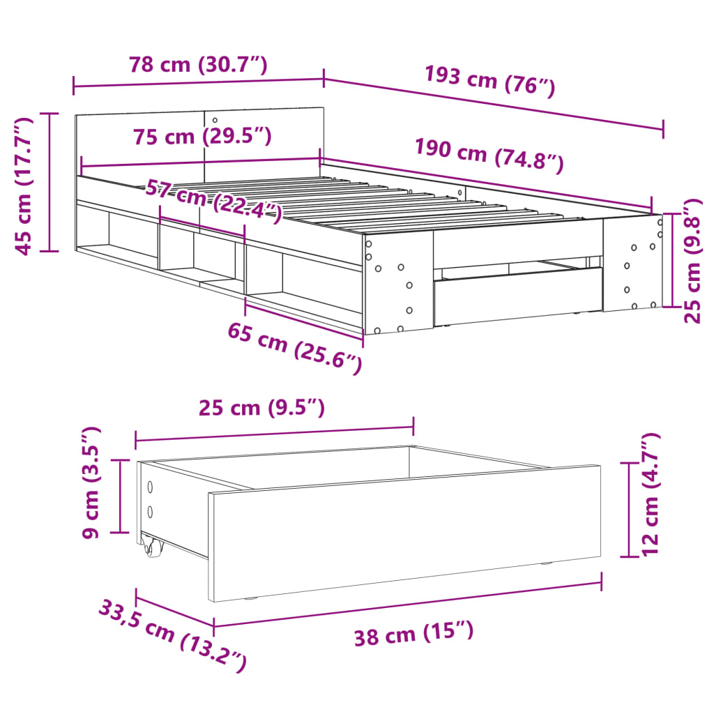 vidaXL Posteljni okvir s predalom betonsko siv 75x190 cm inž. les