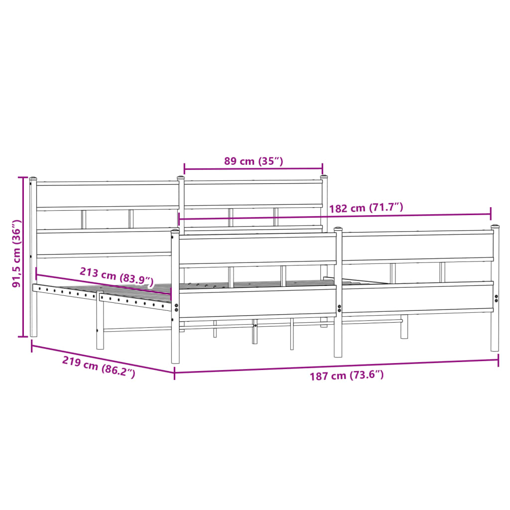 vidaXL Kovinski posteljni okvir brez vzmetnice sonoma hrast 183x213 cm