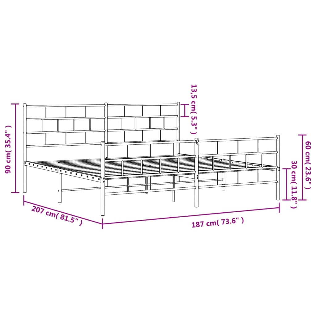 vidaXL Kovinski posteljni okvir z vzglavjem in vznožjem bel 180x200 cm