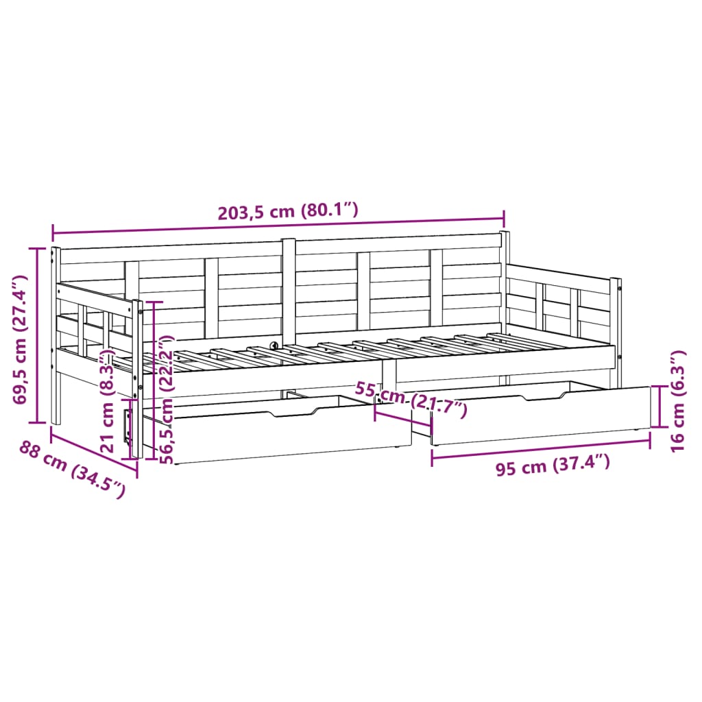 vidaXL Dnevna postelja s predali bela 80x200cm trdna borovina