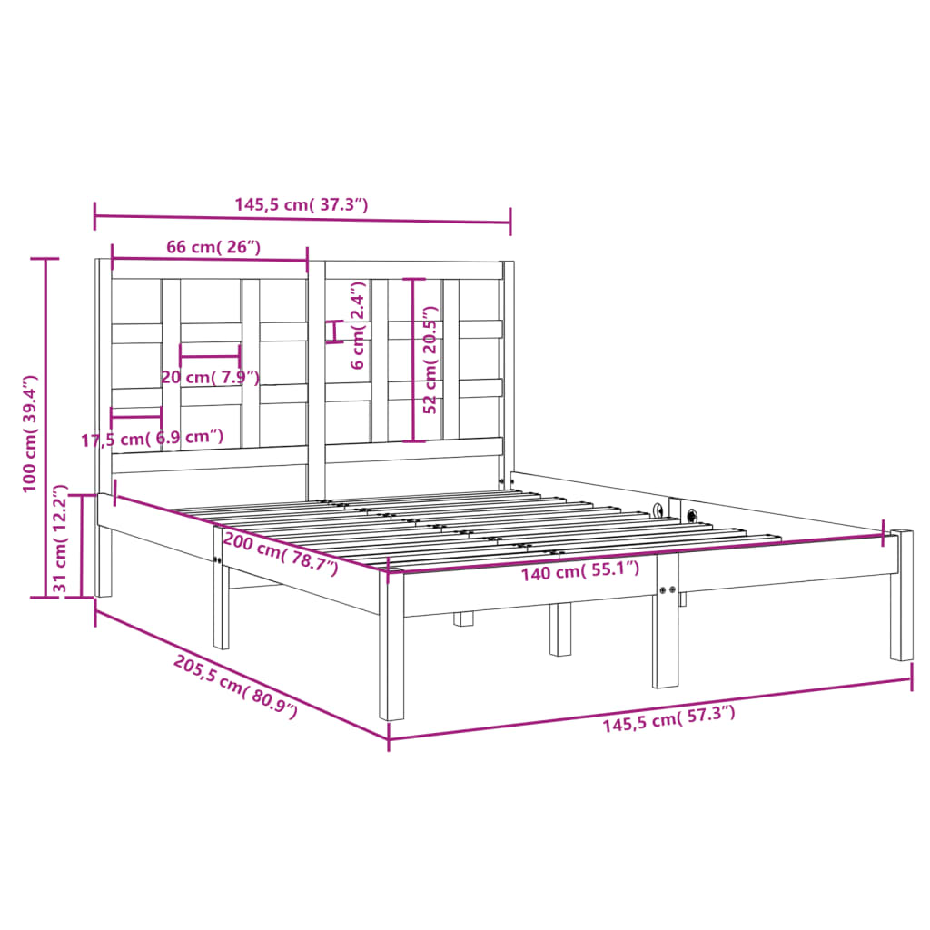 vidaXL Posteljni okvir črn iz trdnega lesa 140x200 cm