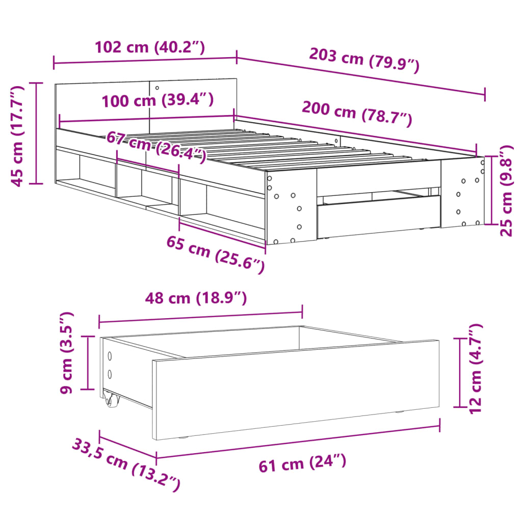 vidaXL Posteljni okvir s predalom siva sonoma 100x200 cm inž. les