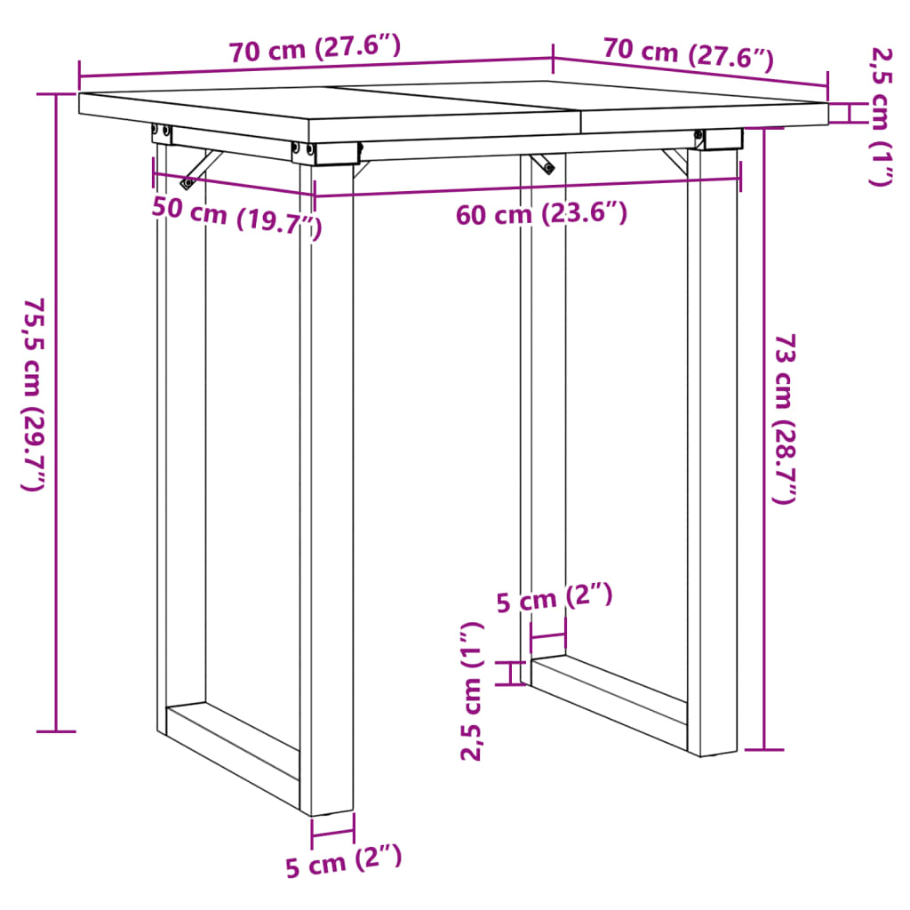 vidaXL Jedilna miza O okvir 70x70x75,5 cm trdna borovina lito železo