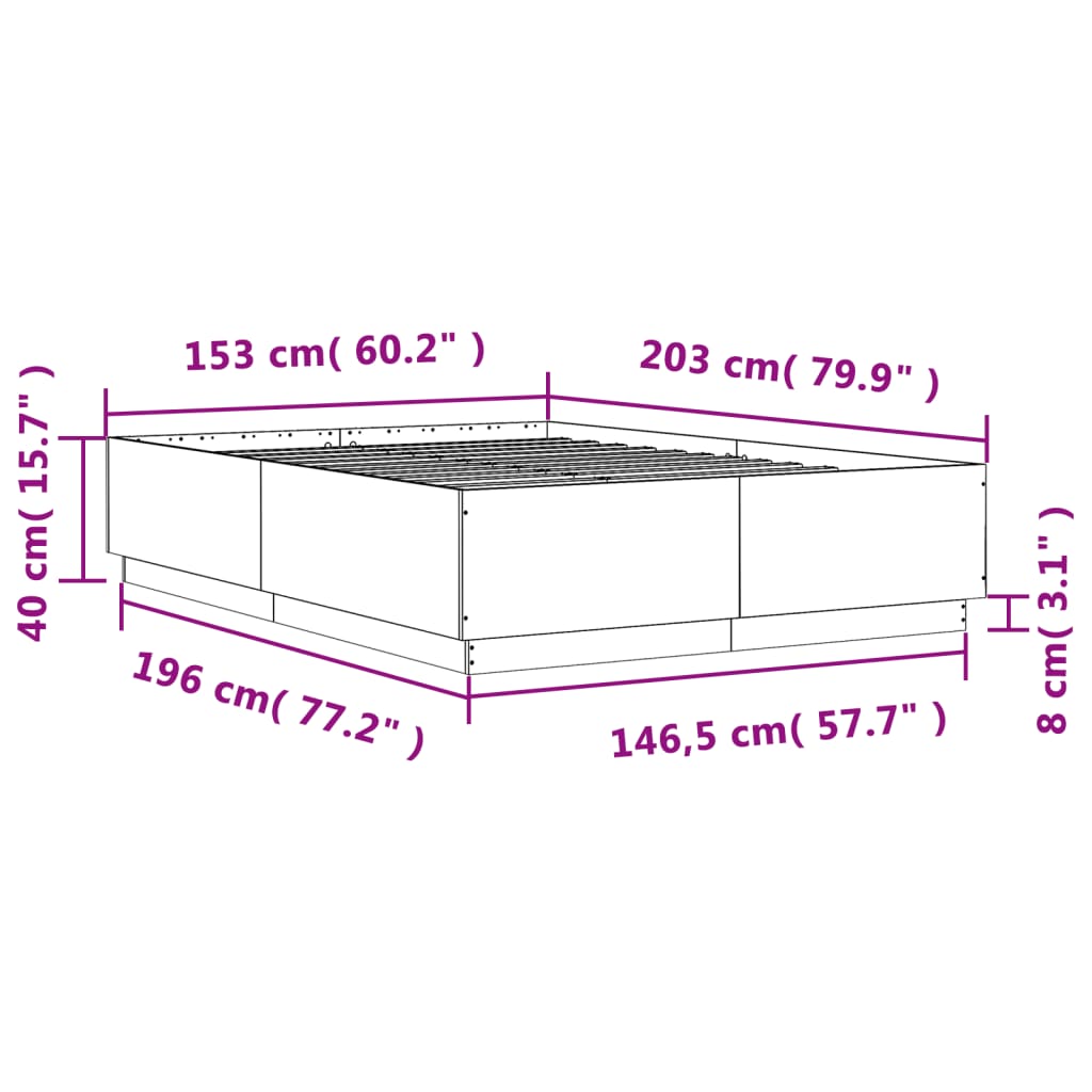 vidaXL Posteljni okvir z LED lučkami dim. hrast 150x200 cm inž. les