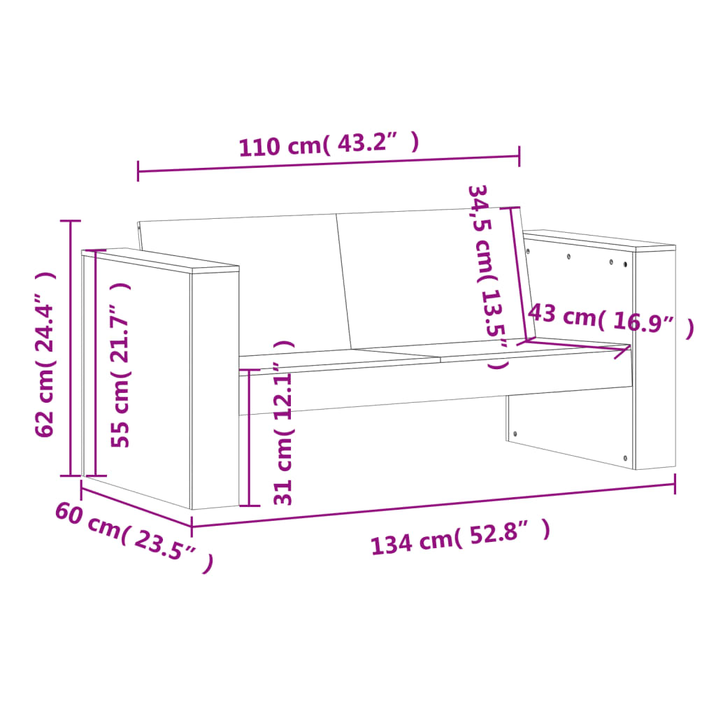 vidaXL Vrtni kavč dvosed voščeno rjav 134x60x62 cm trdna borovina