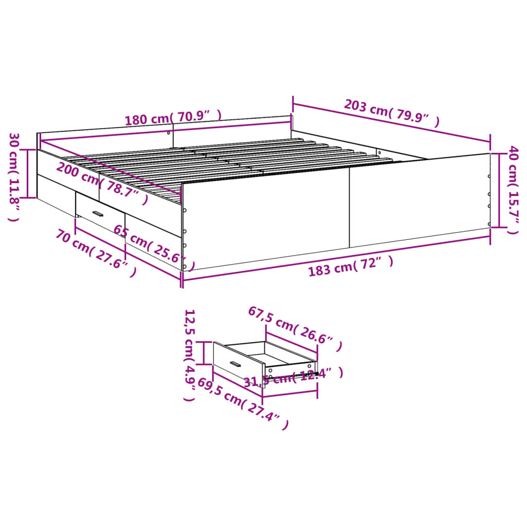 vidaXL Posteljni okvir s predali sonoma hrast 180x200cm inženirski les