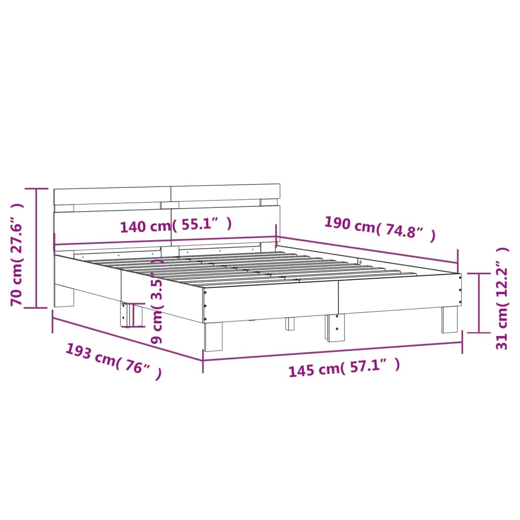 vidaXL Posteljni okvir z vzglavjem dimljen hrast 140x190 cm inž. les