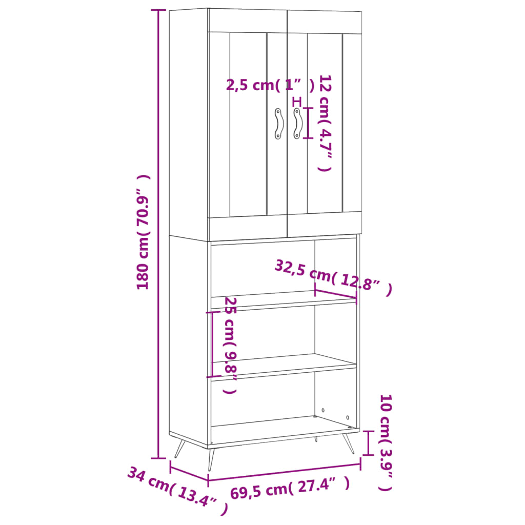 vidaXL Visoka komoda dimljen hrast 69,5x34x180 cm inženirski les