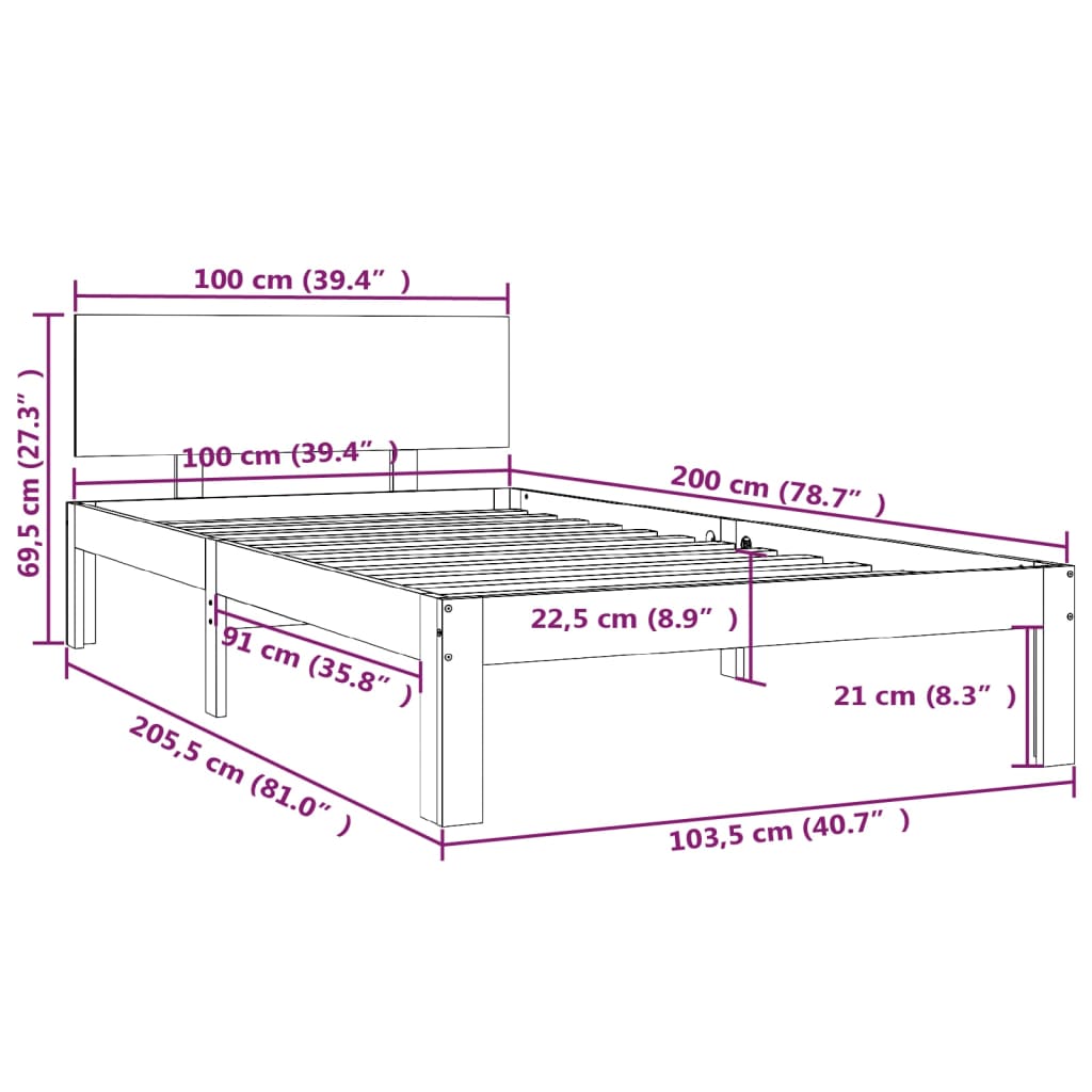 vidaXL Posteljni okvir medeno rjav iz trdne borovine 100x200 cm