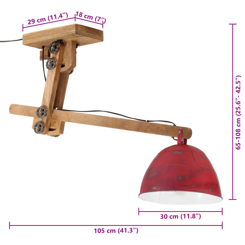 vidaXL Stropna svetilka 25 W obrabljeno rdeča 105x30x65-108 cm E27